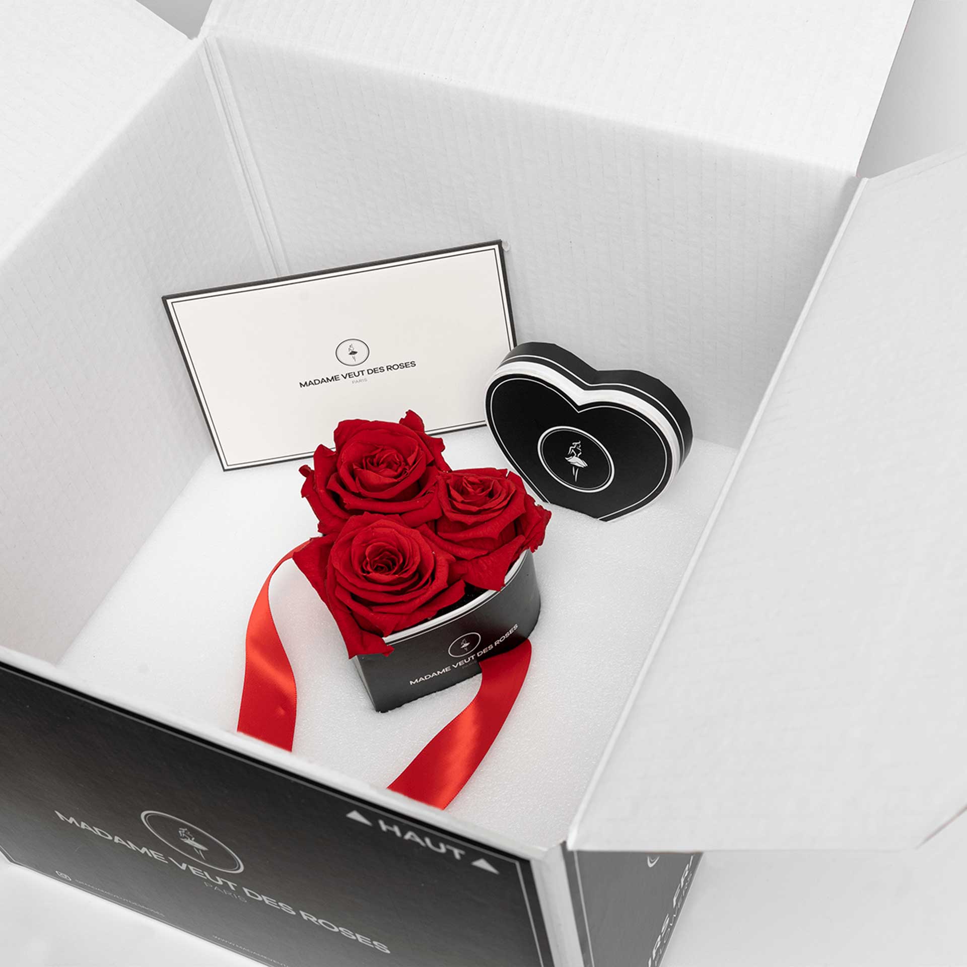 Relaxdays Boîte à roses ronde, 4 roses, Bac à roses noir, conservable 10  ans, Idée cadeau, rouge